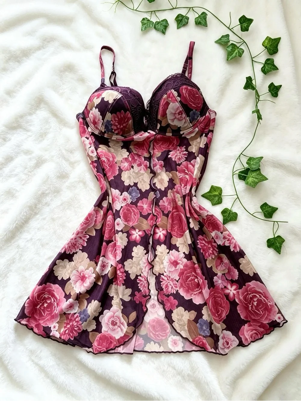 Dreamy Coquette Vintage-Style Floral Sheer Lingerie Chemise / Babydoll Top